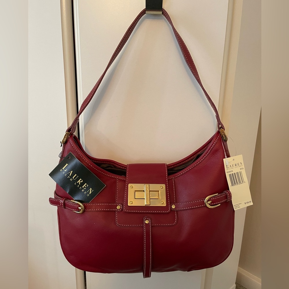 RALPH LAUREN New with Tag Red Genuine Smooth Leather Handbag with Gold Hardware